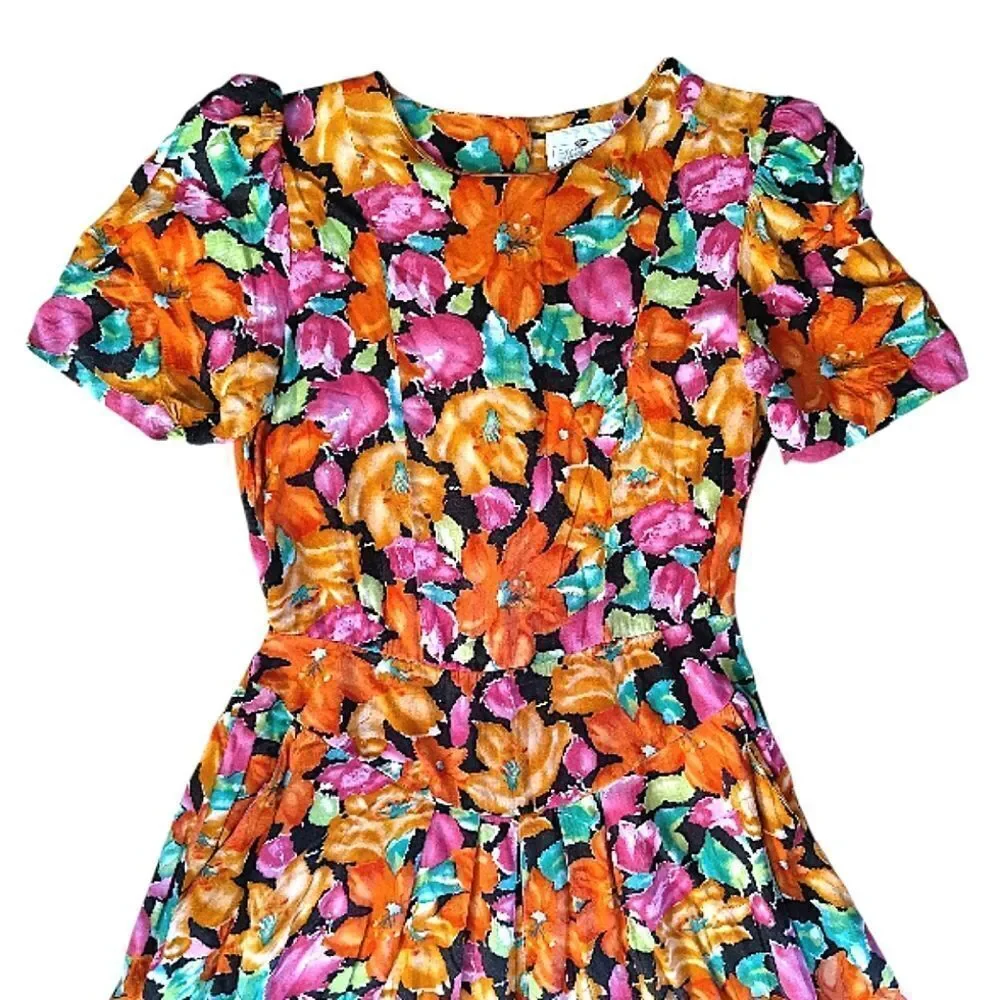 VTG 80s Bright Floral V Waist Midi Dress SZ 12 *Fits like Med Gardencore‎